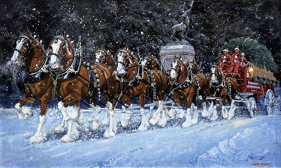 Don Langeneckert, A&B Clydesdales Coming Through Grant’s Farm Gate on a Snow-Covered Evening
2002, Oil on Canvas Laid To Masonite