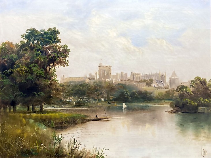 J. Lewis, European Castle and Fort in Landscape with Pond and Boater
Oil Painting on Canvas