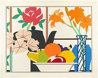 wesselmann.stilllifewithpetuniasliliesandfruit