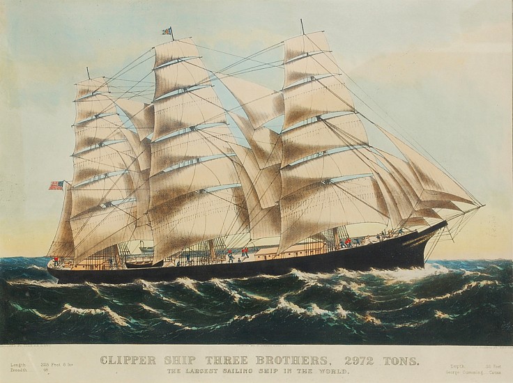 Currier & Ives, Clipper Ship Three Brothers
Hand Colored Lithograph