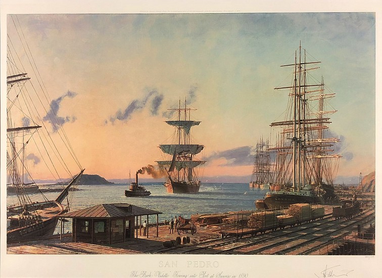 John Stobart, San Pedro, The Bark "Vidette" Towing into Port at Sunrise, 1890
Color Lithograph