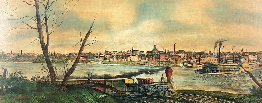 Charles Overall, Train Along the Riverfront, St. Louis
Color Lithograph