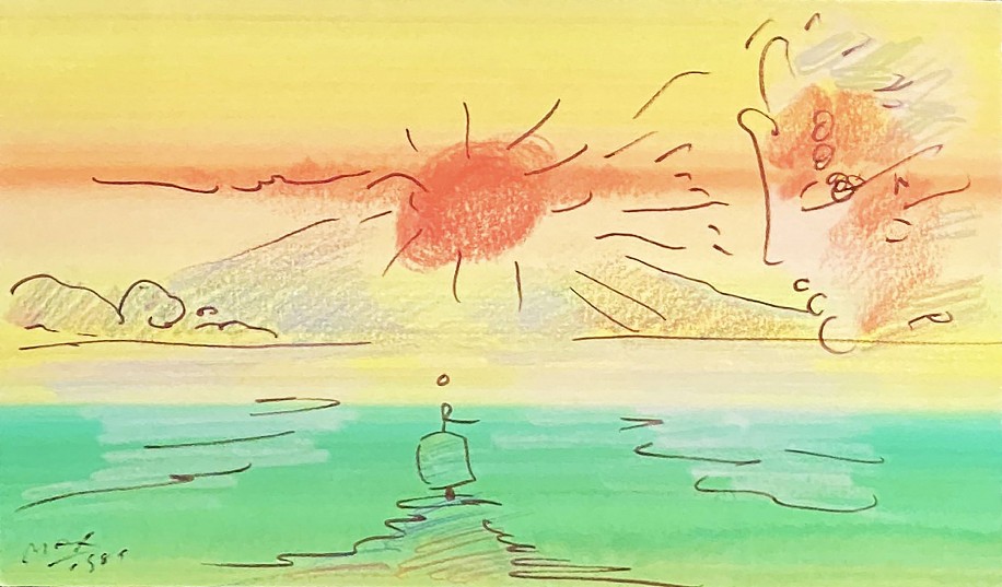 Peter Max, Ship at Sea with Sunset
1989, Pastel on Paper