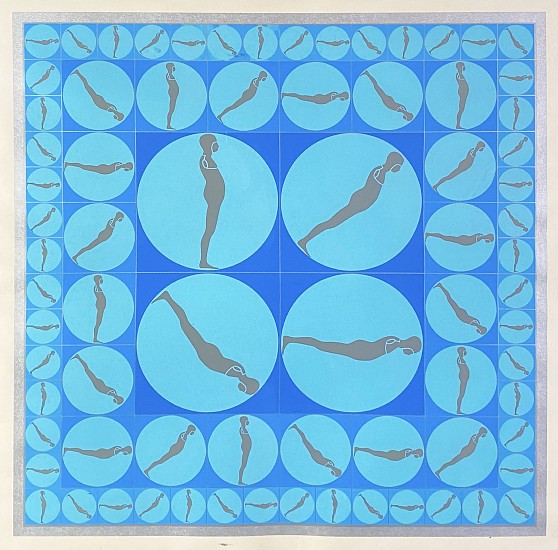 Ernest Tino Trova, Falling Man Series (Grid Pattern Print, Images in Blues, Silver)<br />
Color Lithograph