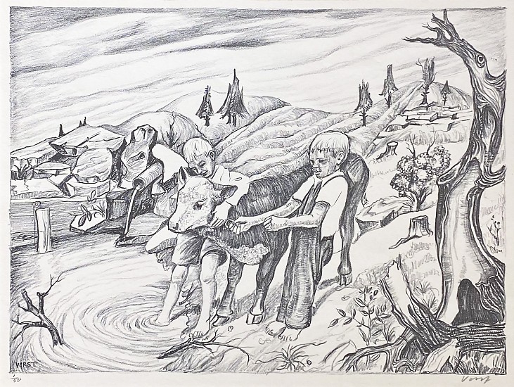 Joseph Vorst, One of Their Pets (Two Farm Boys and Cow at the Watering Hole)
Lithograph