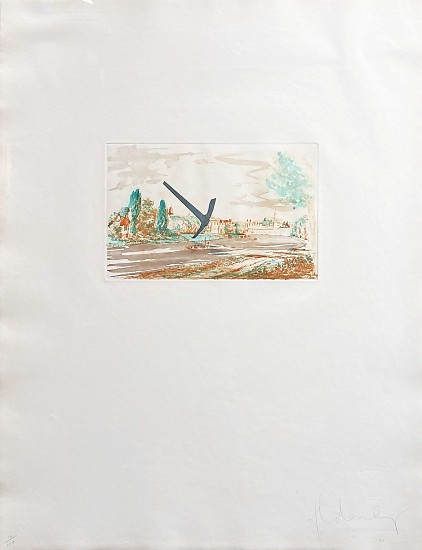 Claes Oldenburg, Pickaxe (Spitzhacke) Superimposed on a Drawing of the Site by E.L. Grimm
1982, Color Photogravure, Etching, and Spitbite Aquatint on Paper