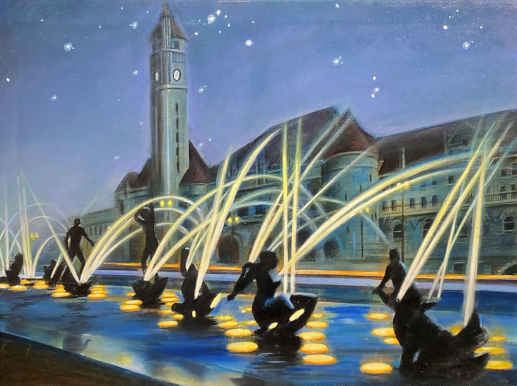 Don Langeneckert, Union Station, Meeting of the Waters Fountain<br />
2021, Oil on Canvas